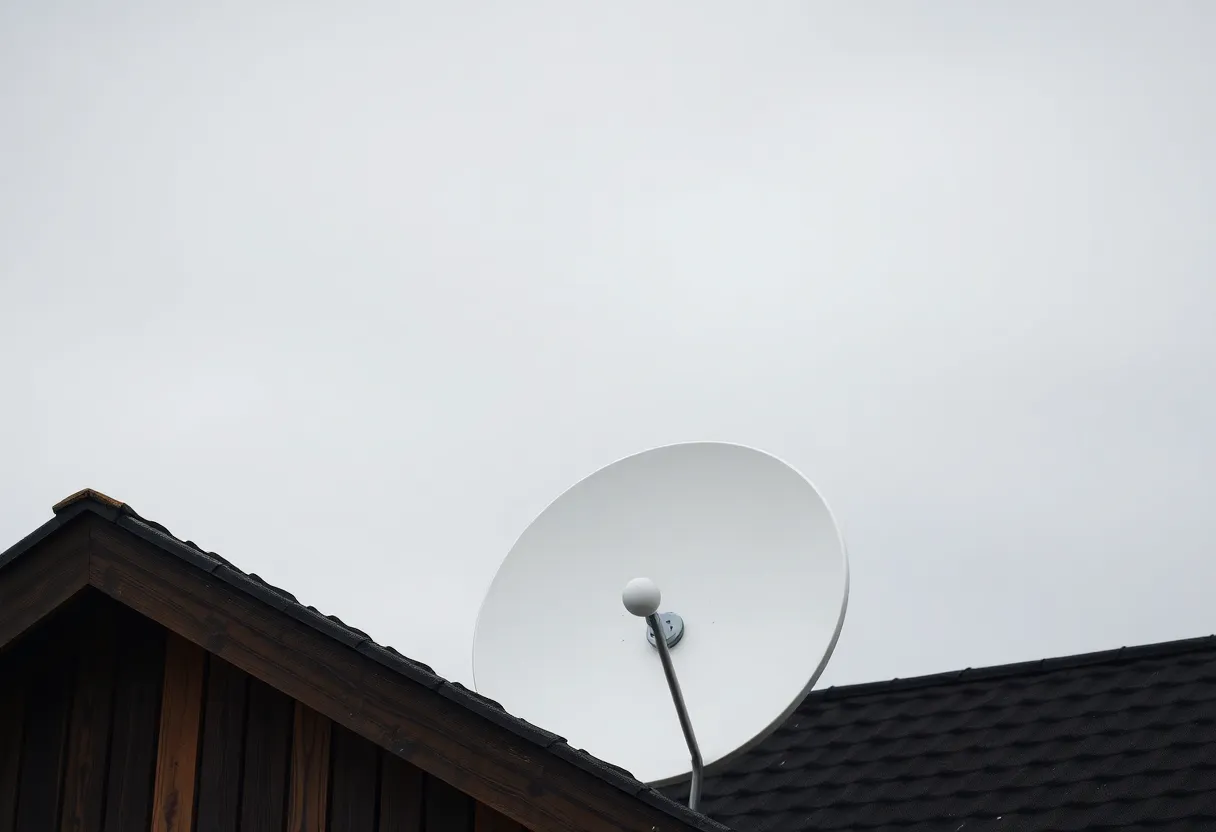 A satellite dish on a rural roof under an overcast sky