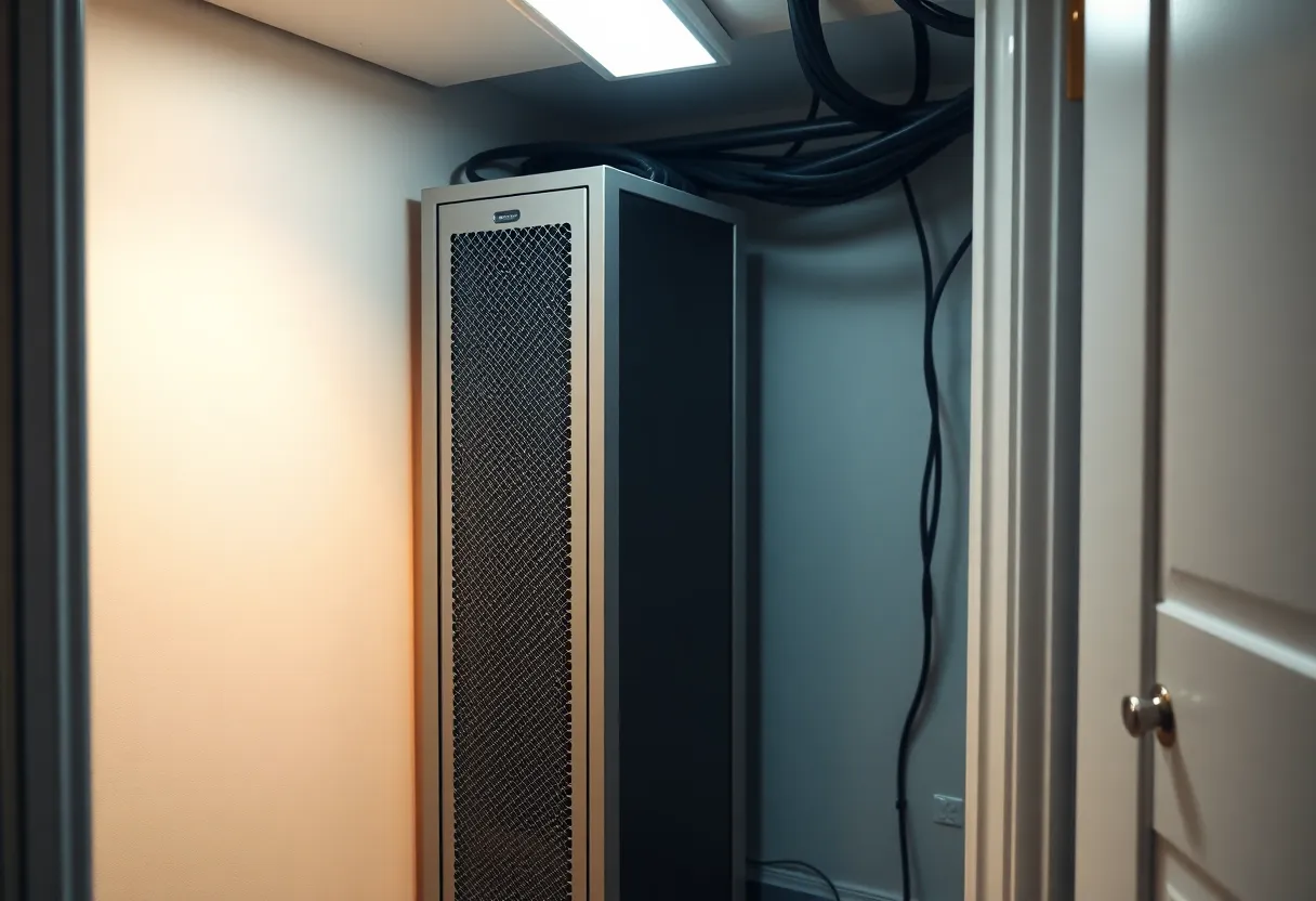 A small homelab rack in a closet with a modem-sized gateway nearby