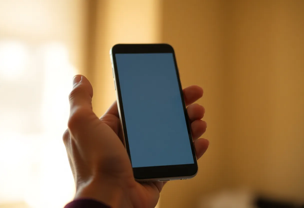 Hands holding a phone with a blurred settings screen
