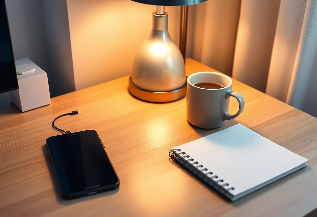 Evening desk with a charging phone, notebook, and coffee mug