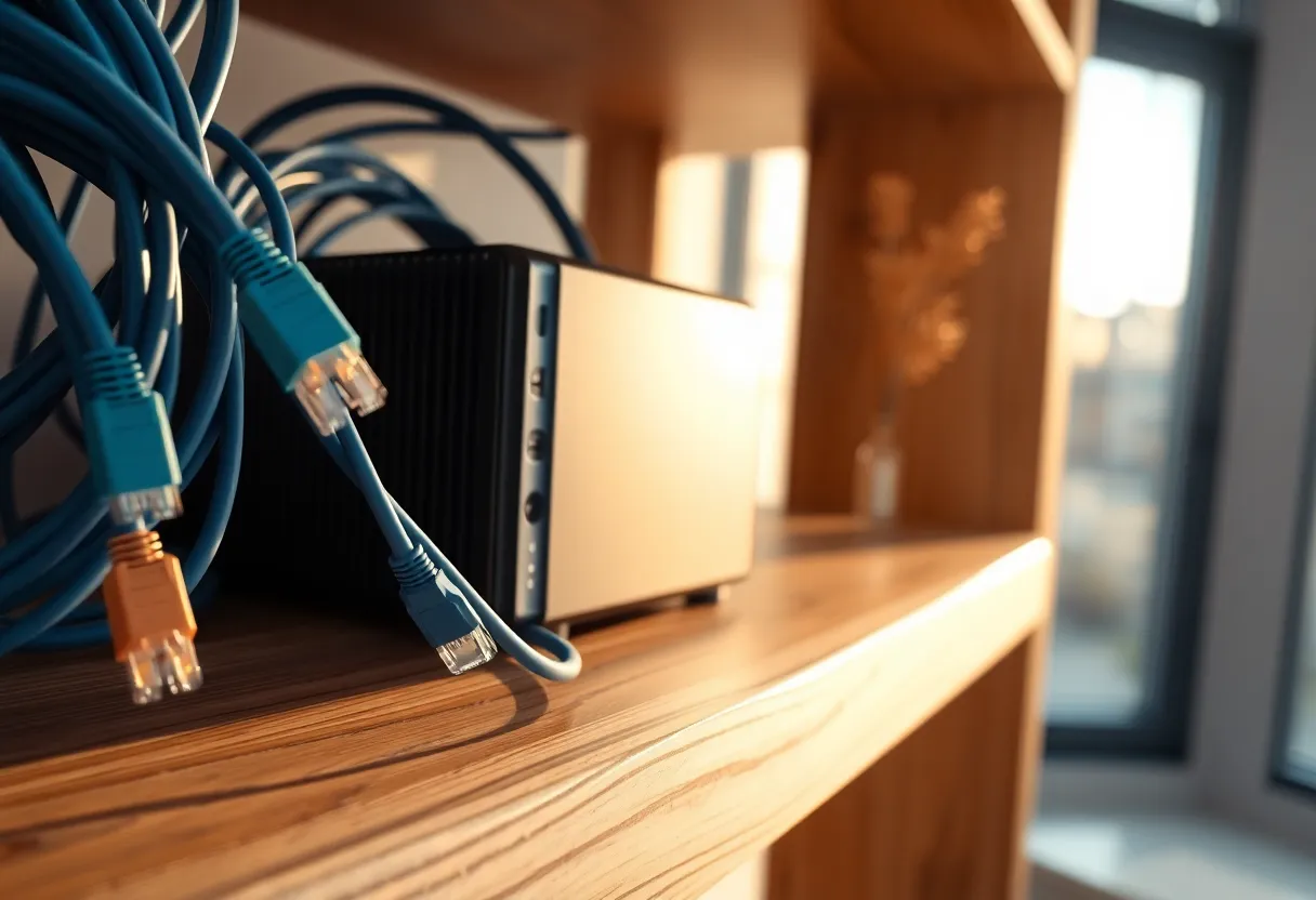 Ethernet cables and a small NAS on a wooden shelf