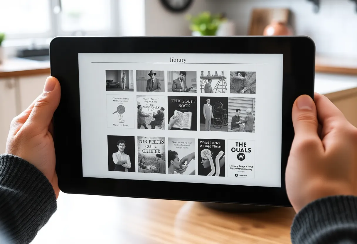 Hands holding an e-ink tablet showing a grayscale library of book covers