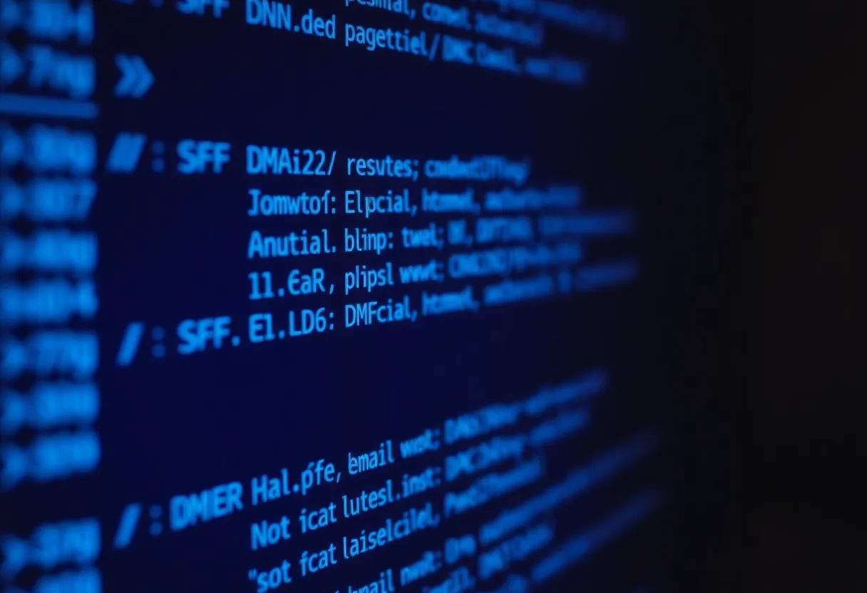 A monitor in a dark room showing DNS zone records used for email authentication