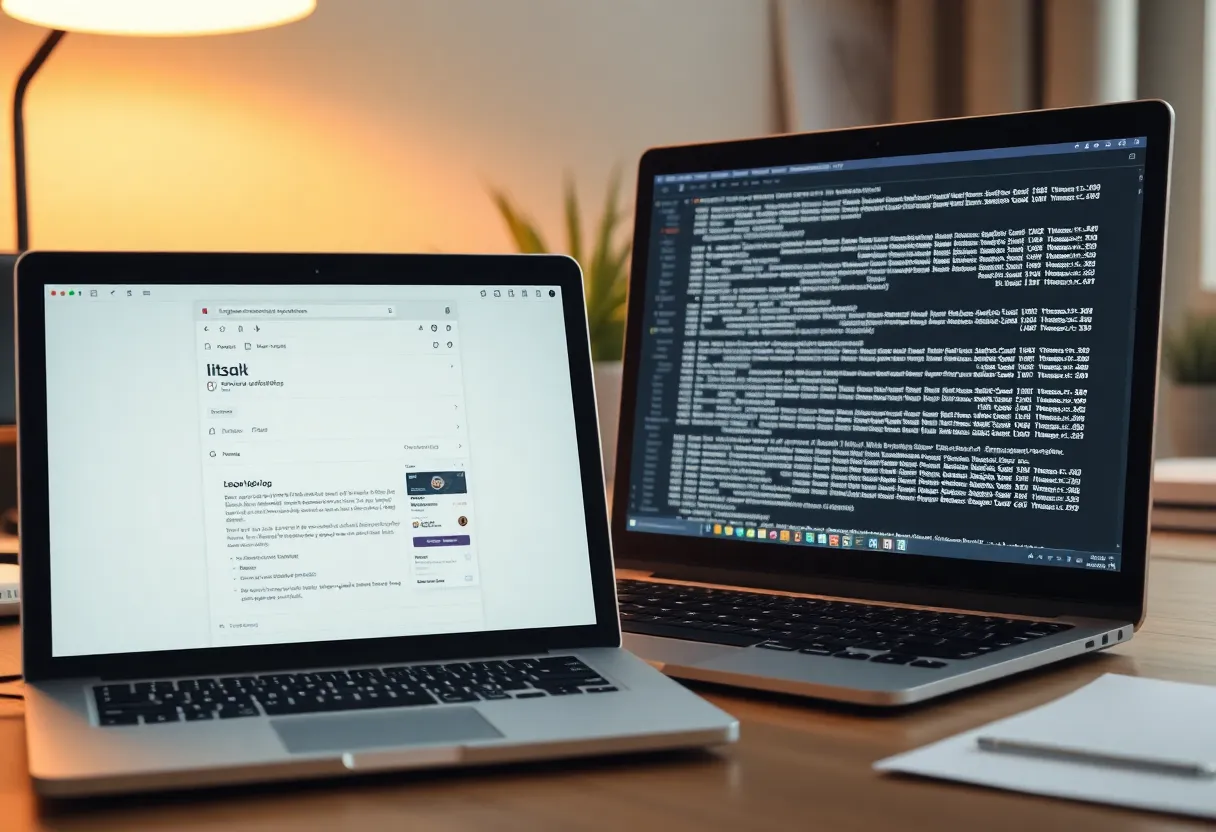 A home office desk with a webmail inbox on one screen and bounce logs on another
