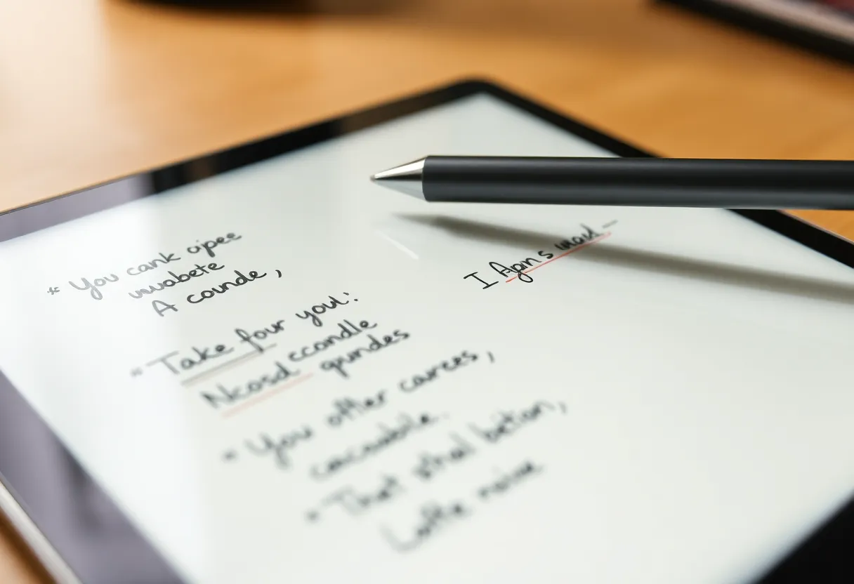 Handwritten pages on an e-ink note tablet with a stylus on the bezel