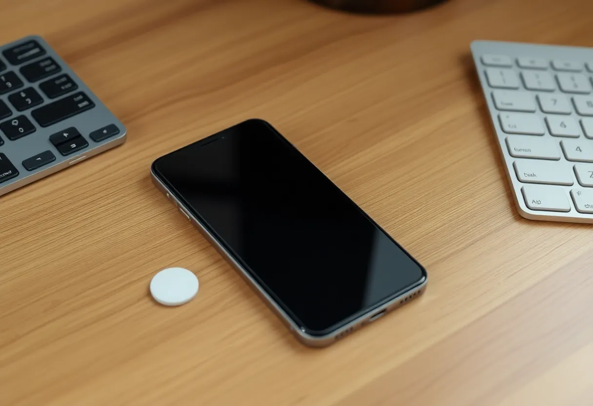 iPhone on a wooden desk next to a small NFC sticker and keyboard