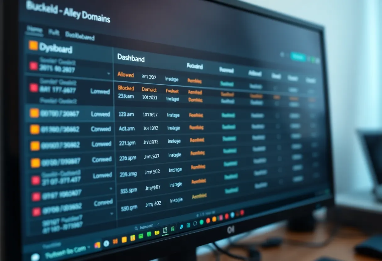 A DNS query log on a homelab monitor showing blocked and allowed lookups