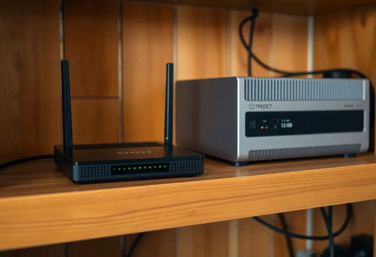 A home router and a small fanless PC on a wooden shelf with ethernet cables