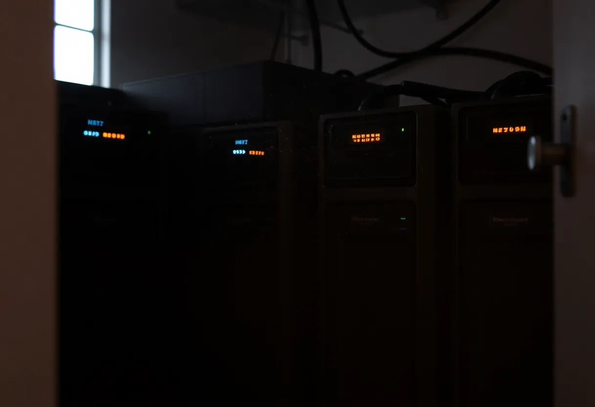 NAS disks in a home closet with status LEDs glowing in window light