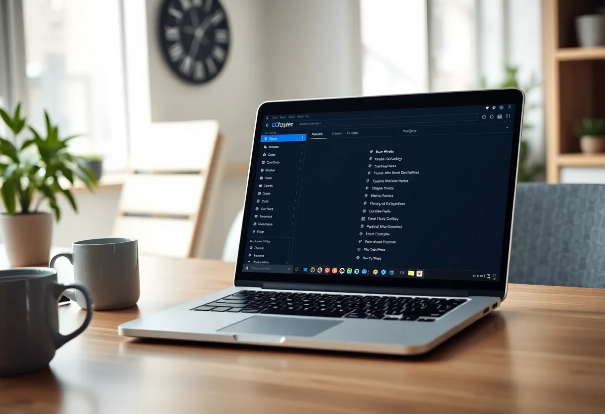 A laptop on a desk showing a simple list of workflow nodes
