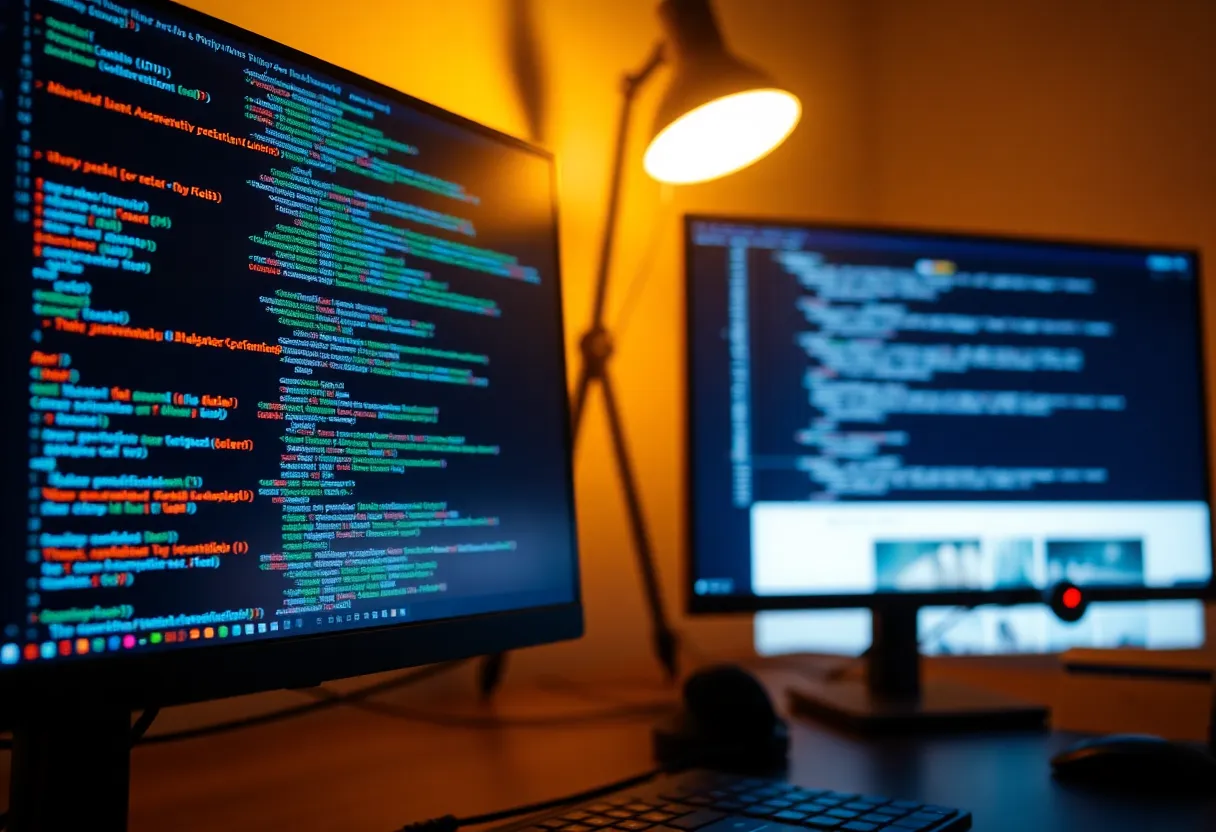 Two monitors on a desk showing code and a browser