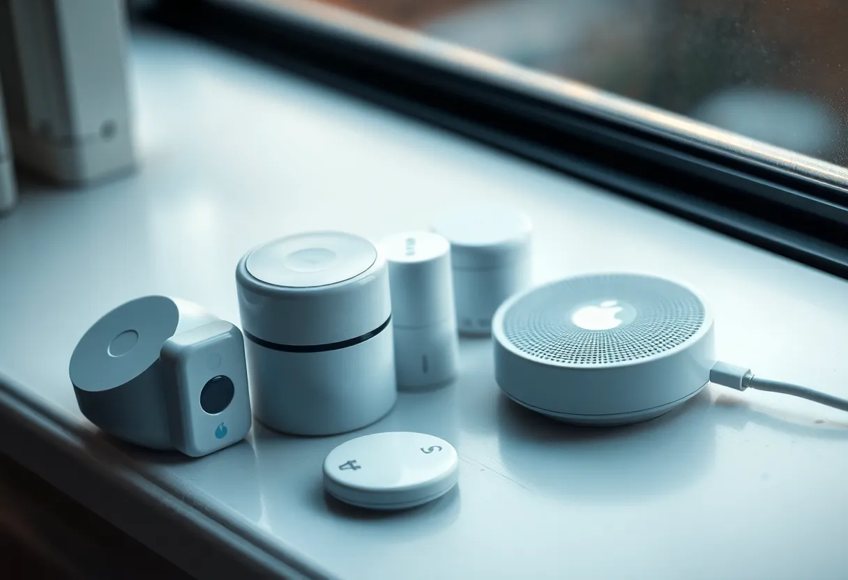 Smart home sensors and a small white hub on a sunlit windowsill