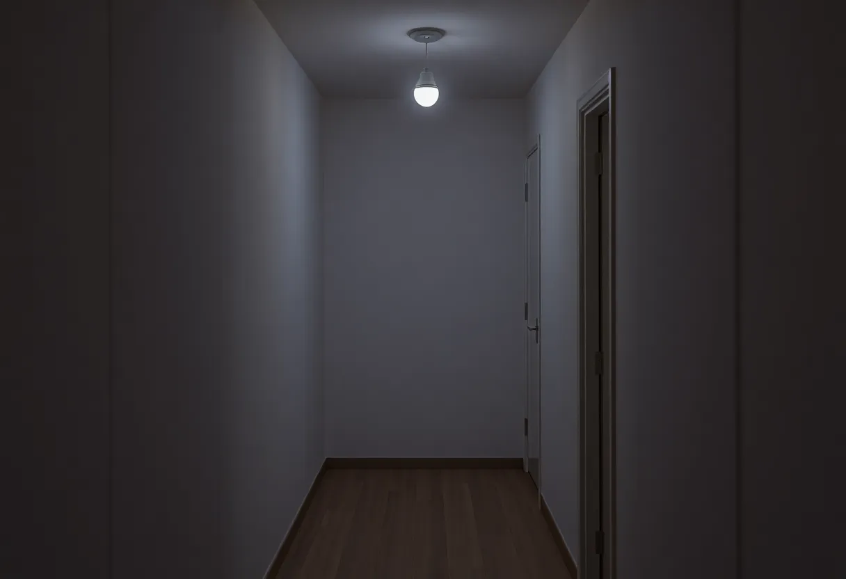 A dim apartment hallway with a single weak smart bulb, a wireless dead zone