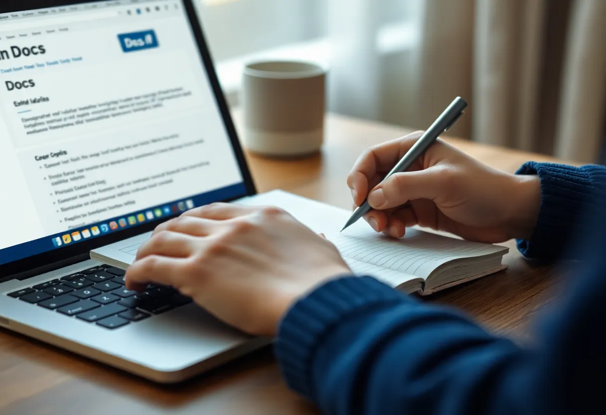 Hands writing in a notebook beside a laptop showing documentation