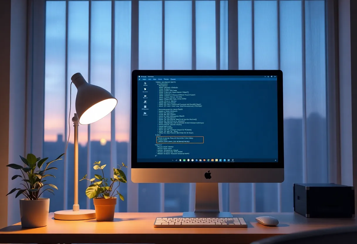 A quiet home office at dusk with a terminal on the monitor