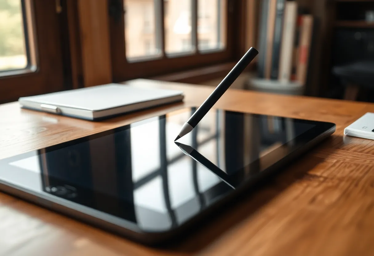 An e-ink writing tablet with a stylus on an oak desk in window light