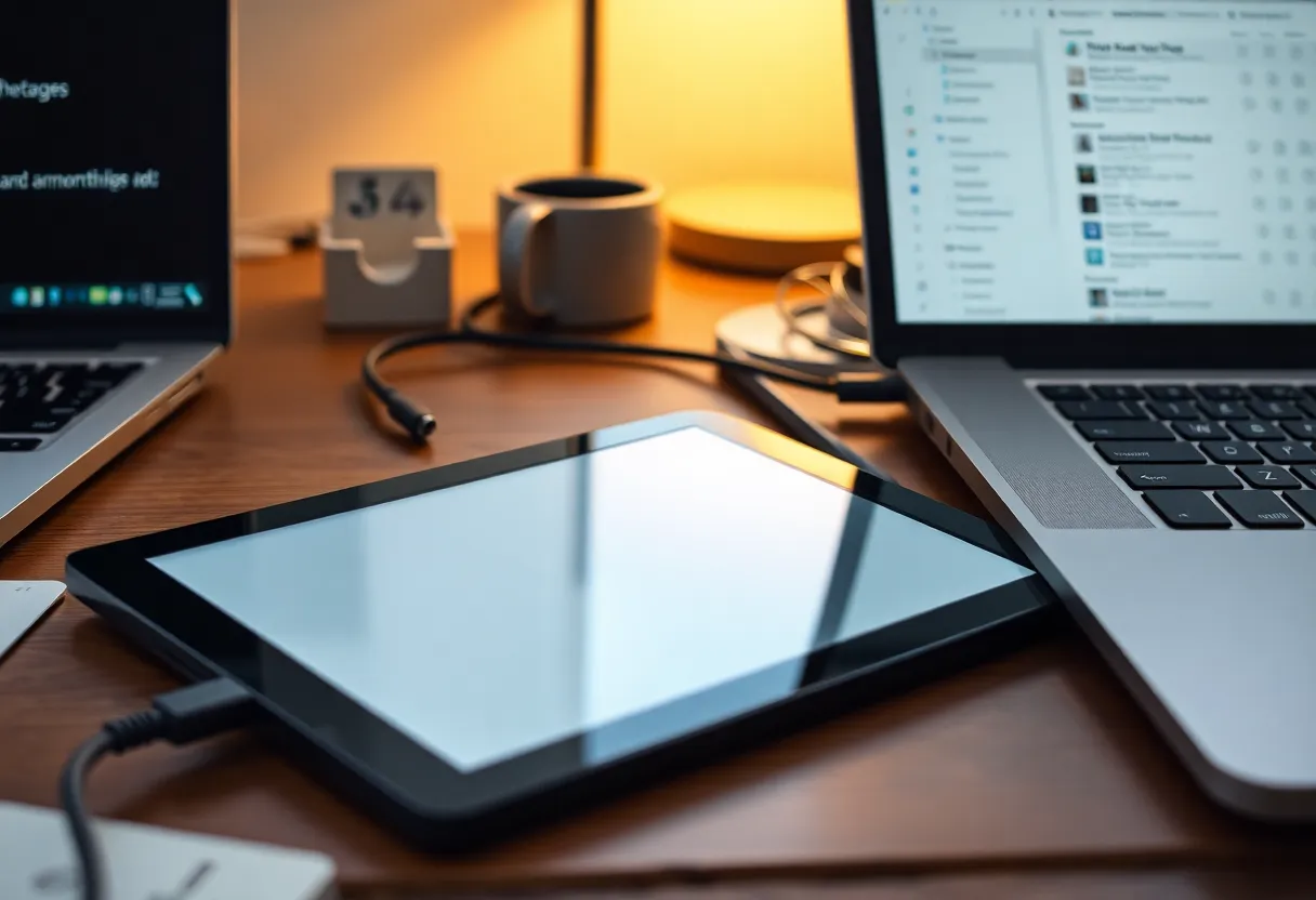 An e-ink tablet connected to a laptop by USB on a cluttered home office desk
