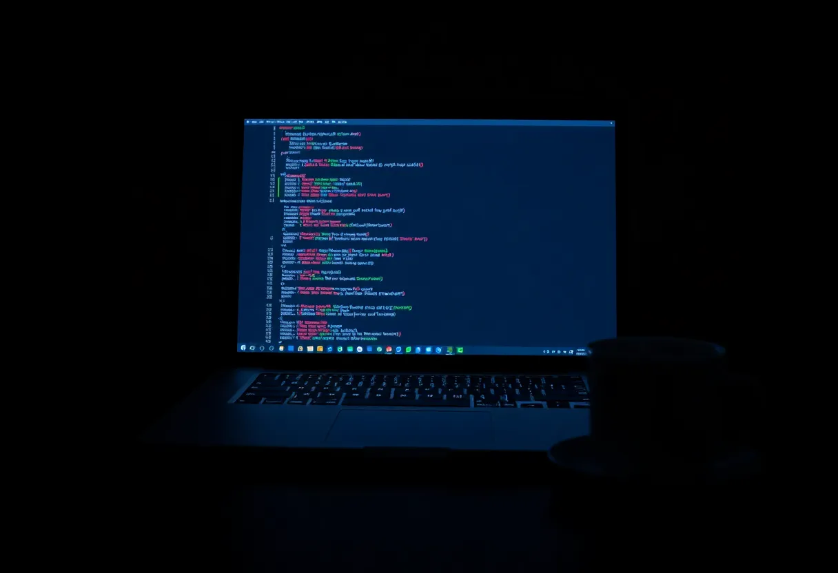 A laptop showing a terminal in a dim room with a coffee cup