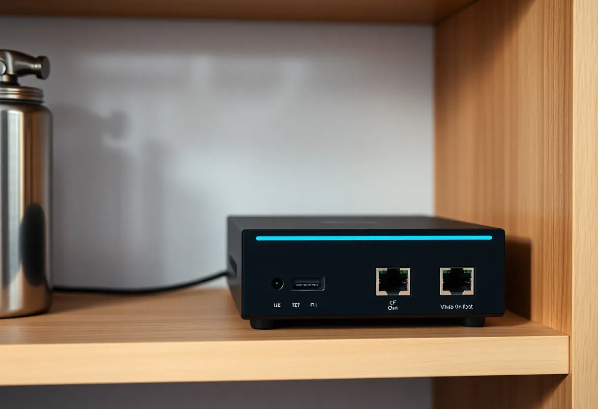 A small always-on Linux box and ethernet switch on a kitchen shelf