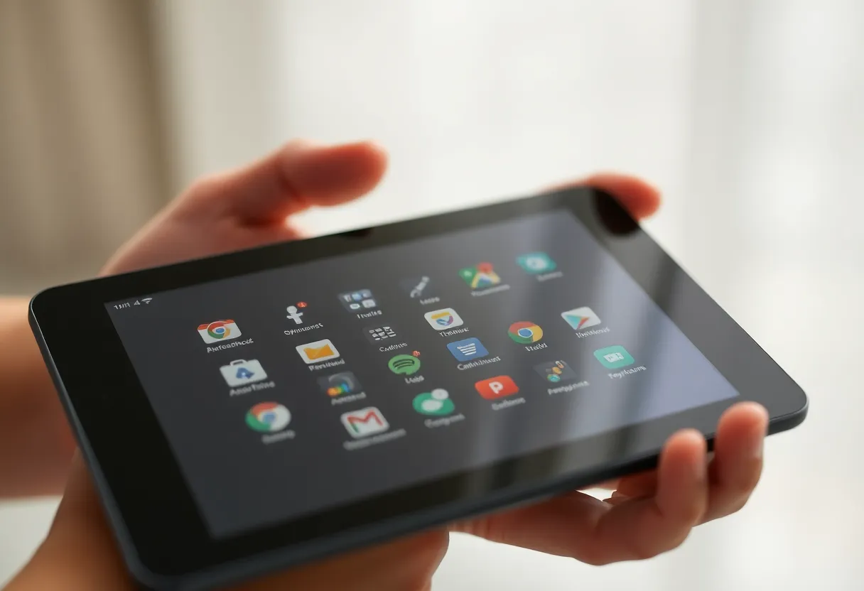 Person holding an e-ink tablet with a faint Android-style app grid
