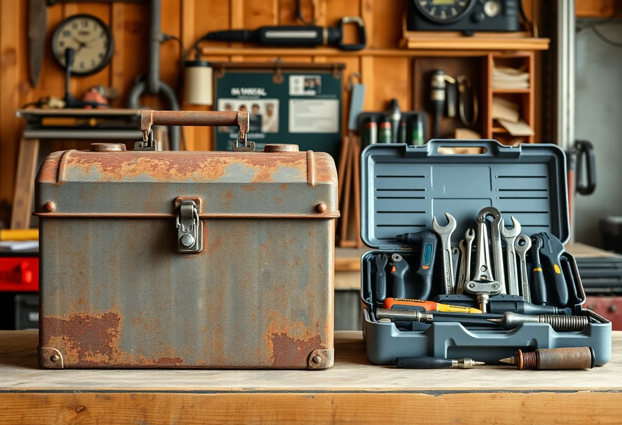 A worn metal toolbox beside a clean modern toolkit on a workbench