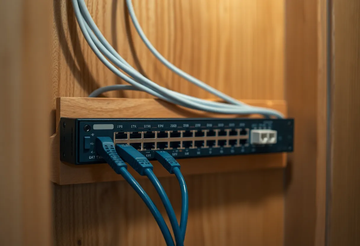 A network switch and ethernet cables on a wooden board