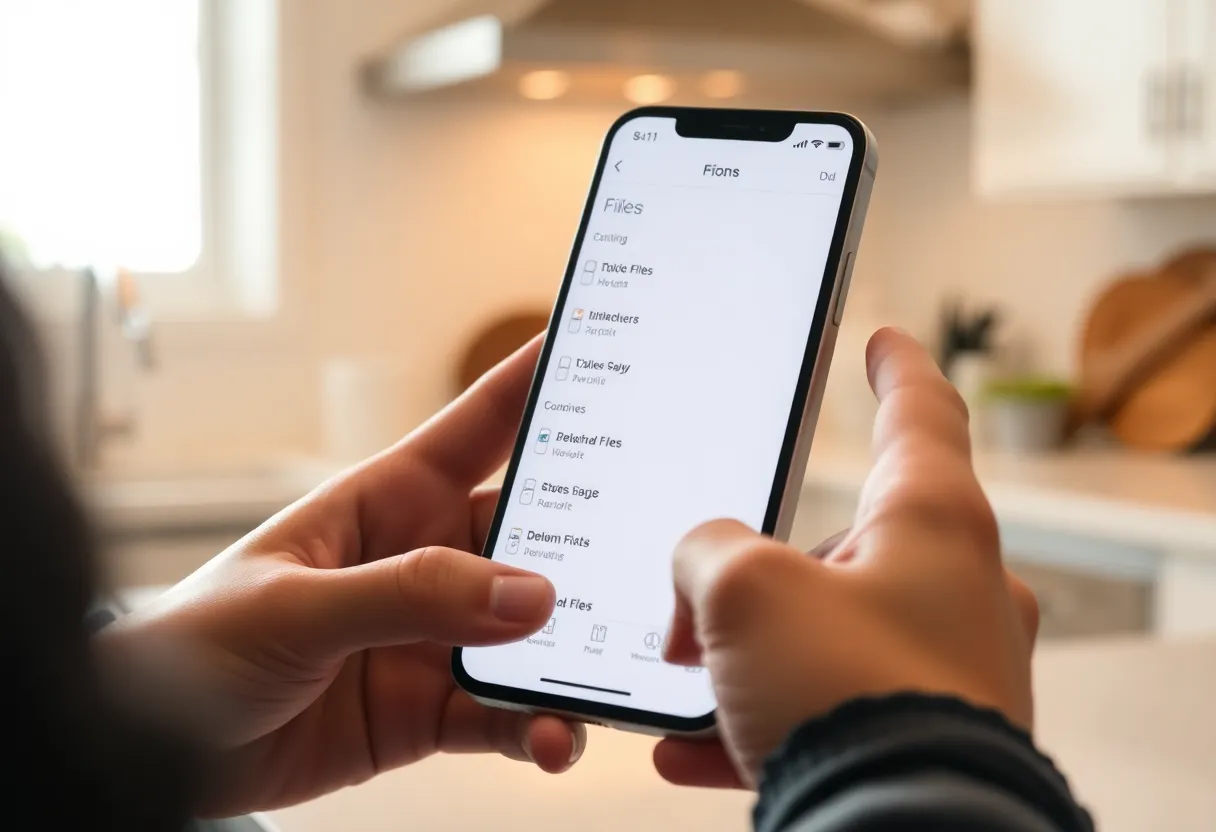 Someone holding an iPhone at a kitchen counter, Files-style screen out of focus