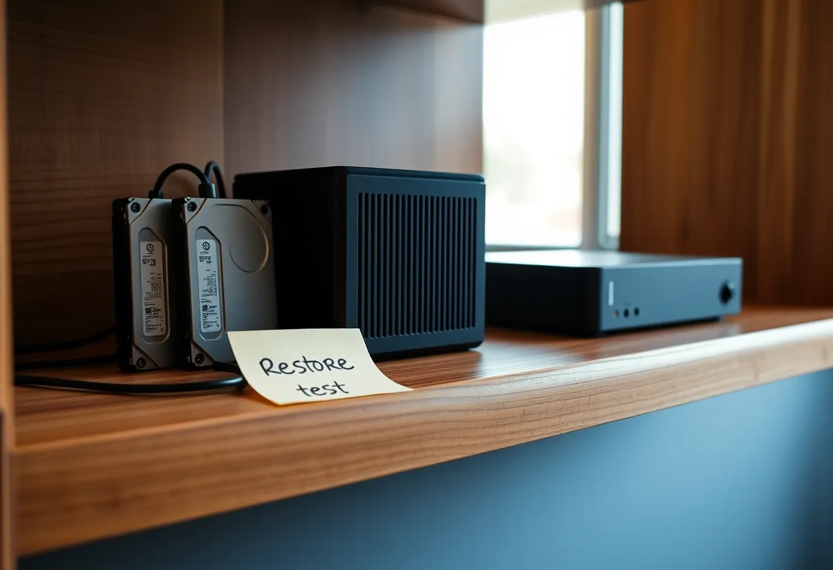 USB backup drives and a compact NAS on a shelf with a restore-test note