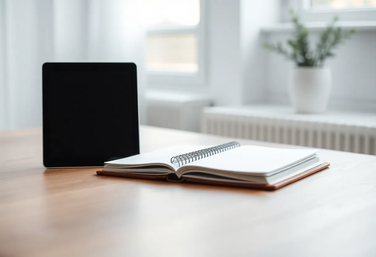 A closed e-ink notebook tablet and folio on a wooden table