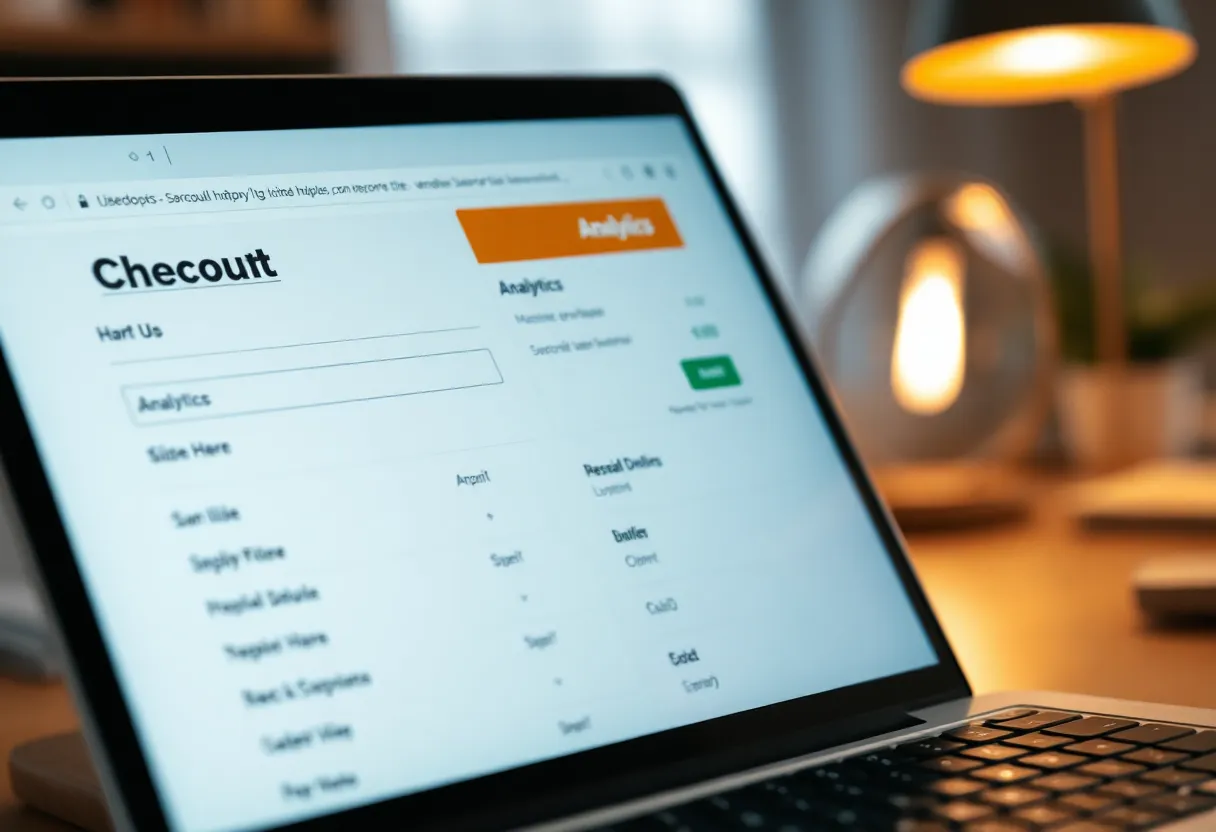 A laptop checkout page with a blurred analytics sidebar in a home office
