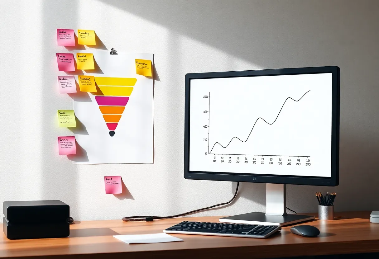 Sticky-note funnel on a wall next to a sparse chart on a monitor