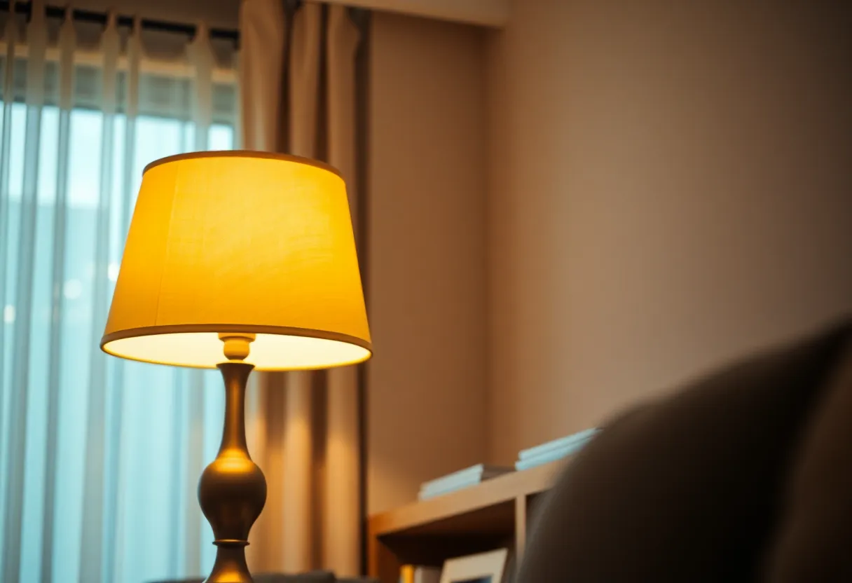 A table lamp in a living room with warm light