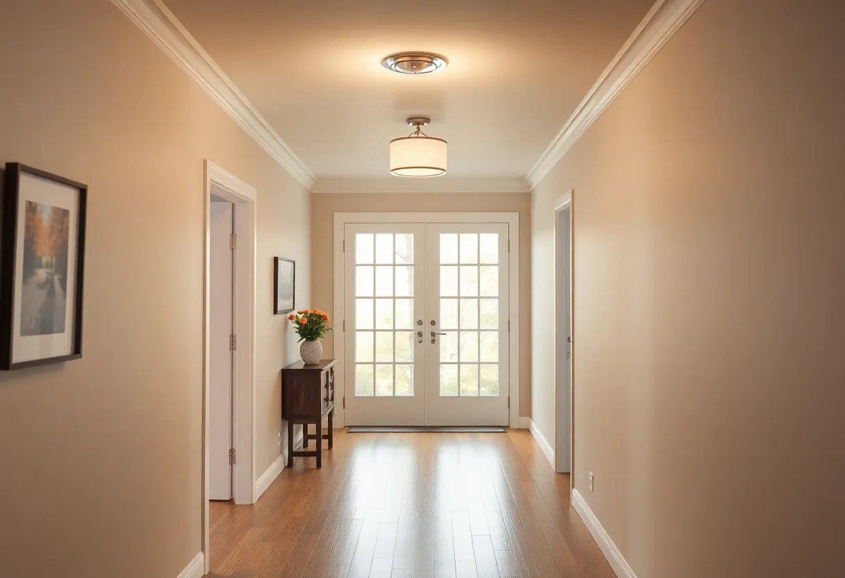 A home hallway with a ceiling light in daylight
