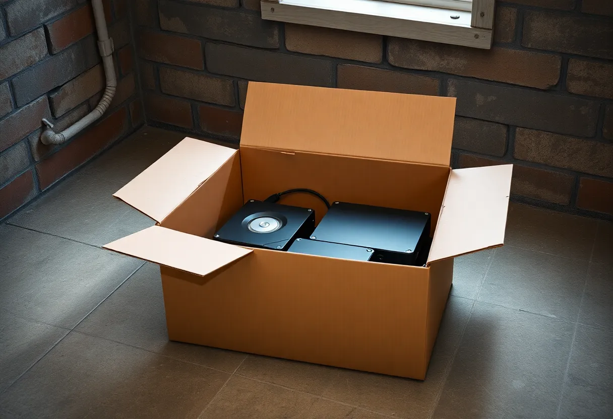 A cardboard box of backup drives on a basement floor with one USB disk connected