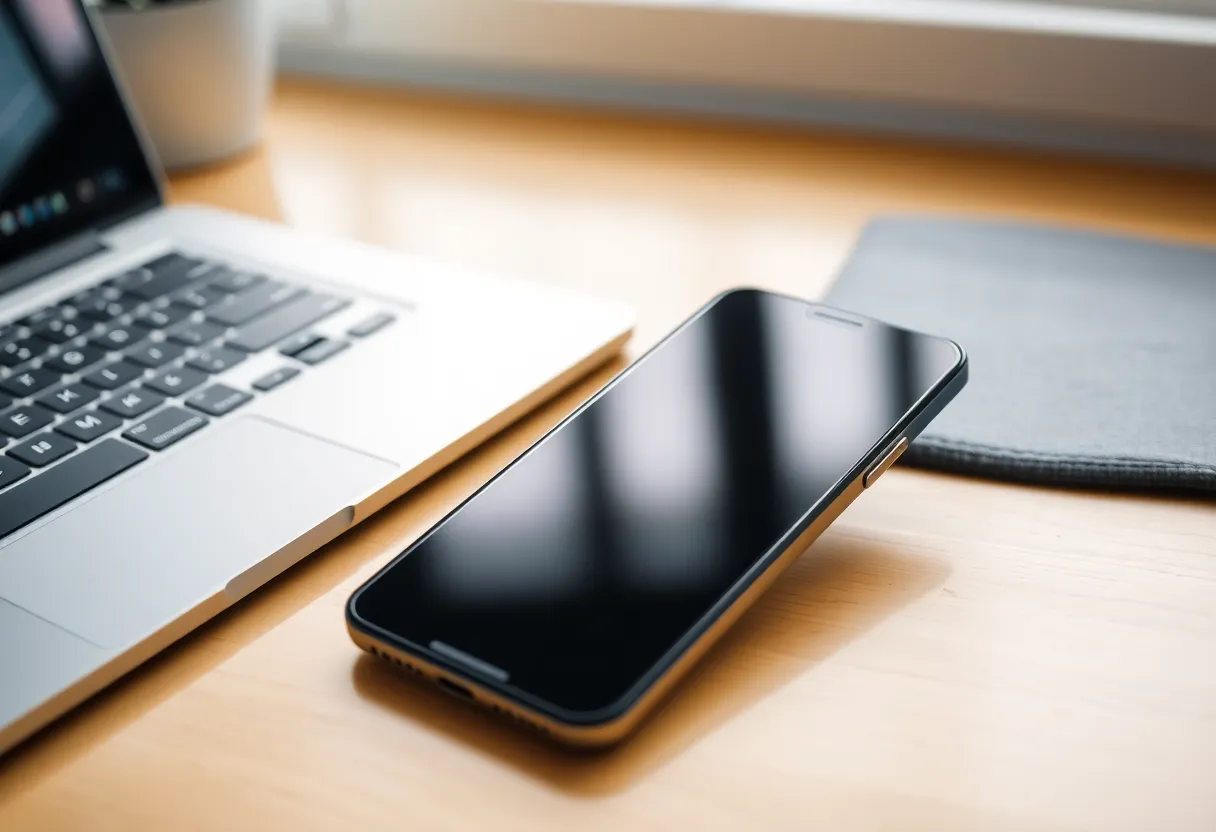 A smartphone beside a laptop keyboard in daylight