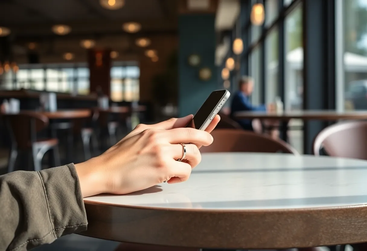 Hands holding a phone at a cafe table in daylight