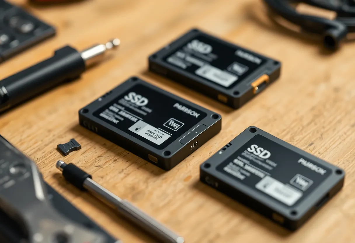 SSDs and a USB stick on a workbench