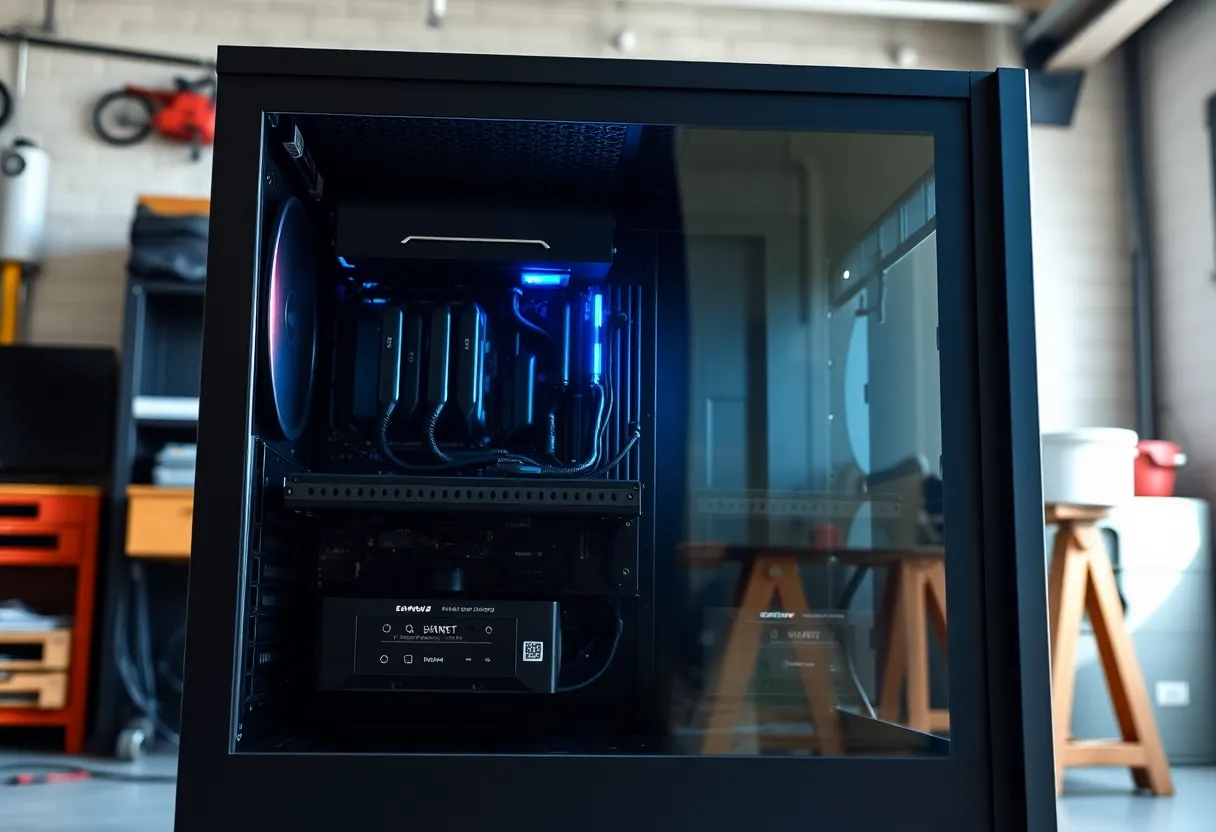 An open PC tower with hard drive bays in a workshop