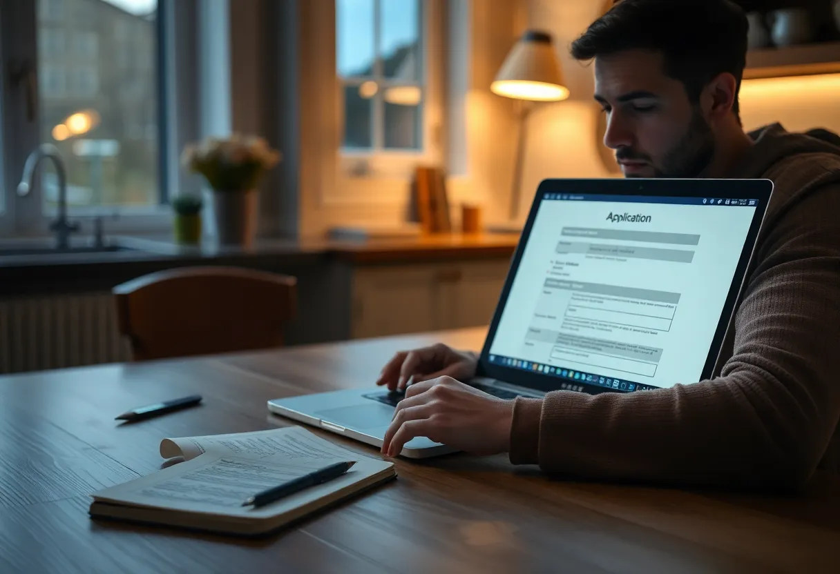Software engineer reviewing job applications at a kitchen table at night