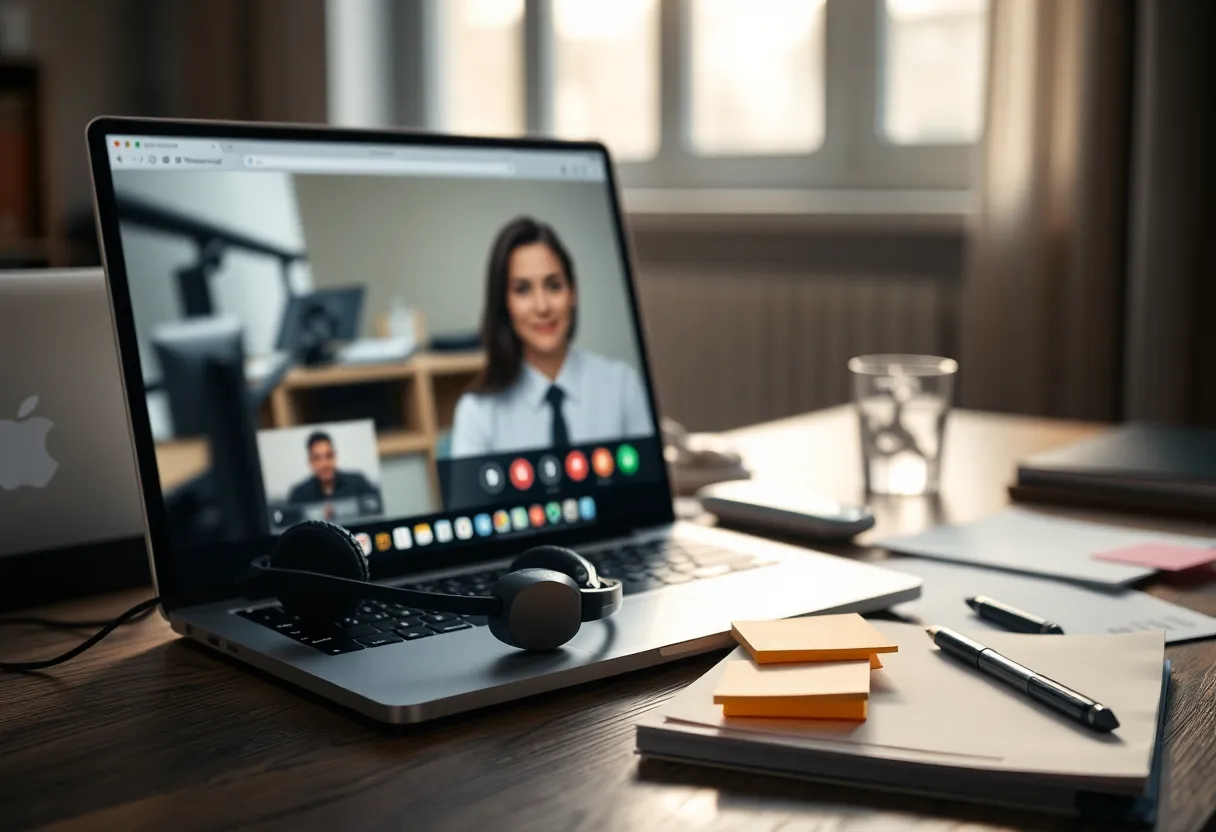 Recruiter desk during a late-afternoon video interview