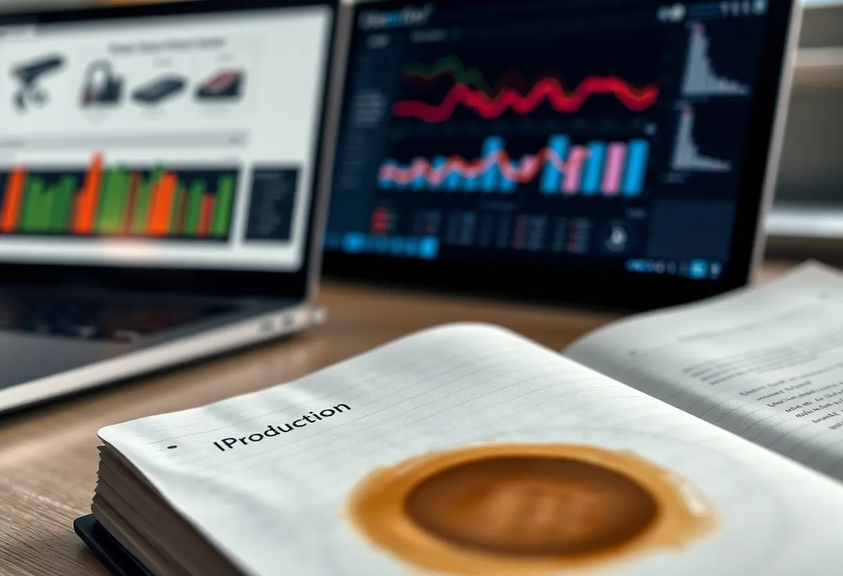 Engineering notebook beside a laptop showing a blurry production dashboard