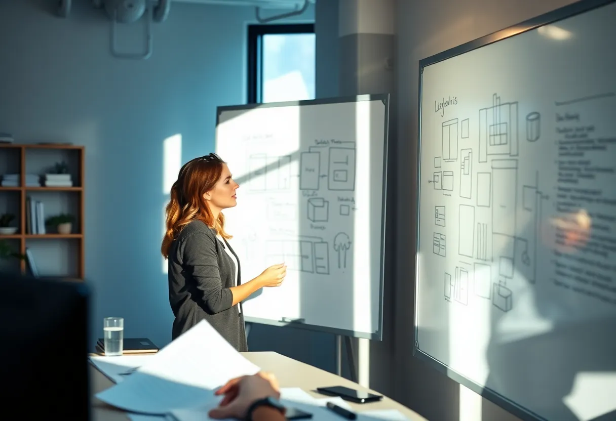 Two software colleagues talking through a messy whiteboard sketch