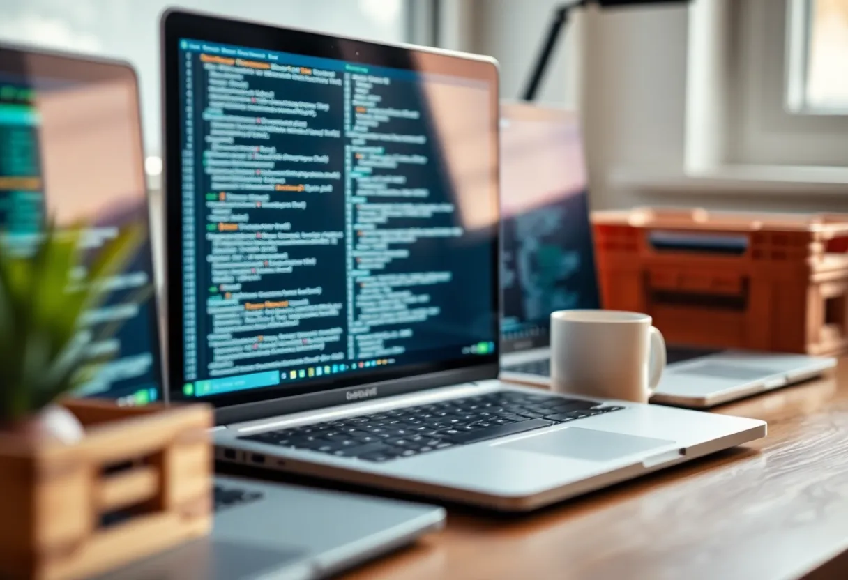 Two laptops on a desk during a compile, coffee mug nearby