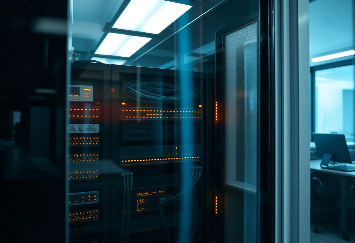 Small office server rack with amber status lights behind glass