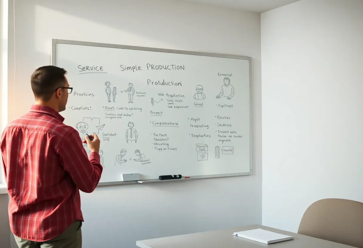 Team whiteboard with a simple production service sketch