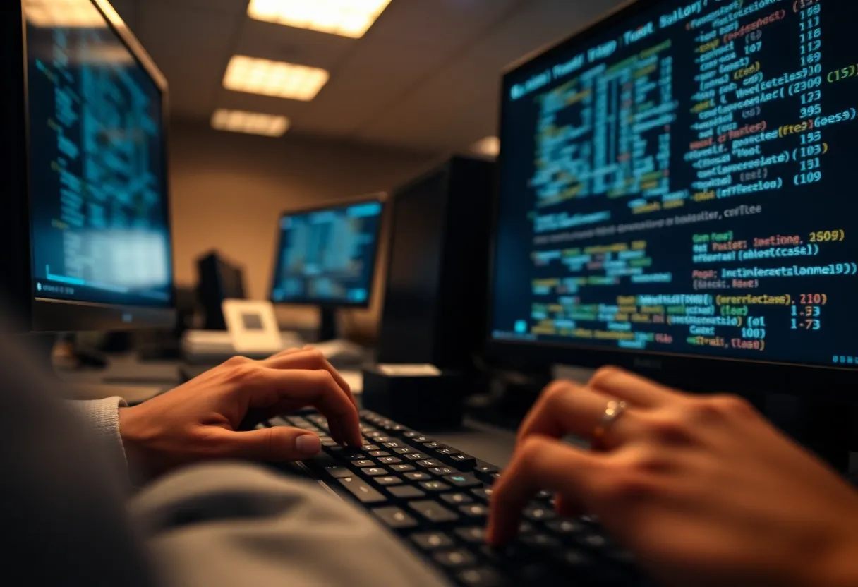 Engineer at a keyboard with a monitor showing low-level output