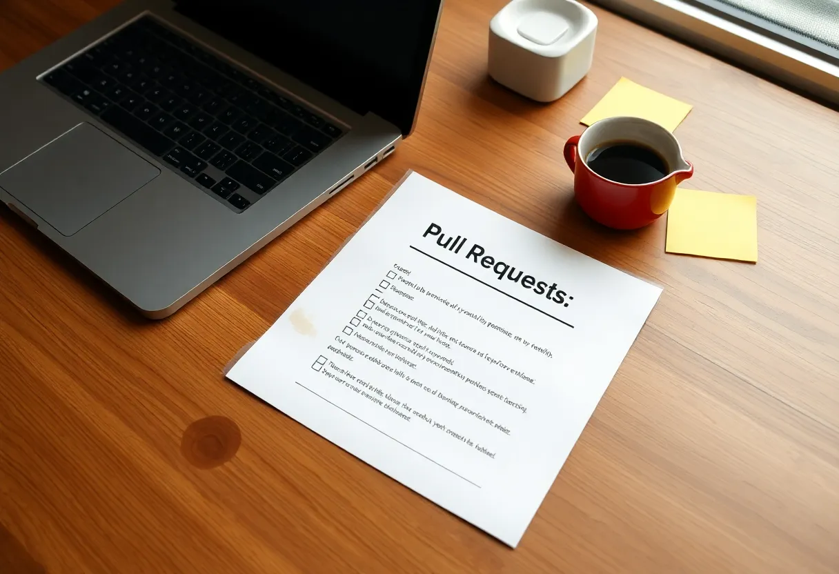 Printed pull request checklist on a desk beside a laptop