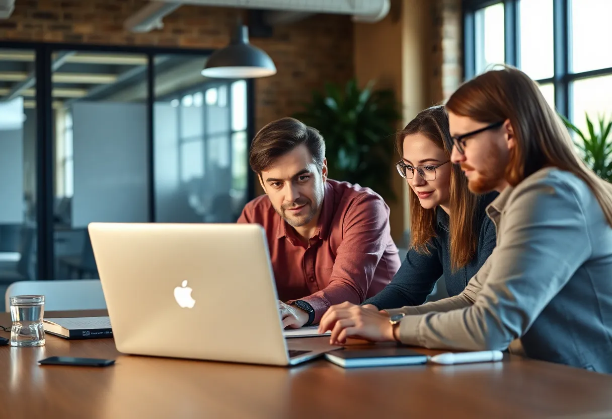 Small engineering team gathered around a laptop in late afternoon light