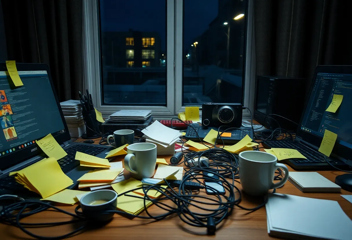 Messy desk after a long debugging session at night