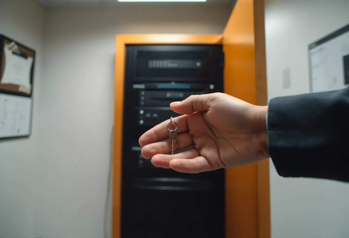 Locked server cabinet in a small office, keys nearby